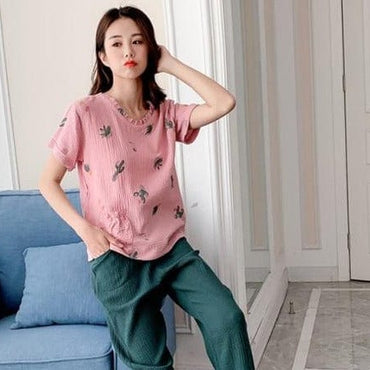 Women's Sleepwear Cotton Yarn Pajama Sets Water-washed Sleeping Suits Female Long-Sleeve Crepe Yarn Home Clothe Lounge Wear Pink - east2cart.uk