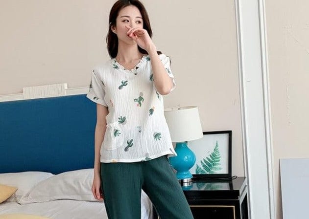 Women's Sleepwear Cotton Yarn Pajama Sets Water-washed Sleeping Suits Female Long-Sleeve Crepe Yarn Home Clothe Lounge Wear Pink - east2cart.uk