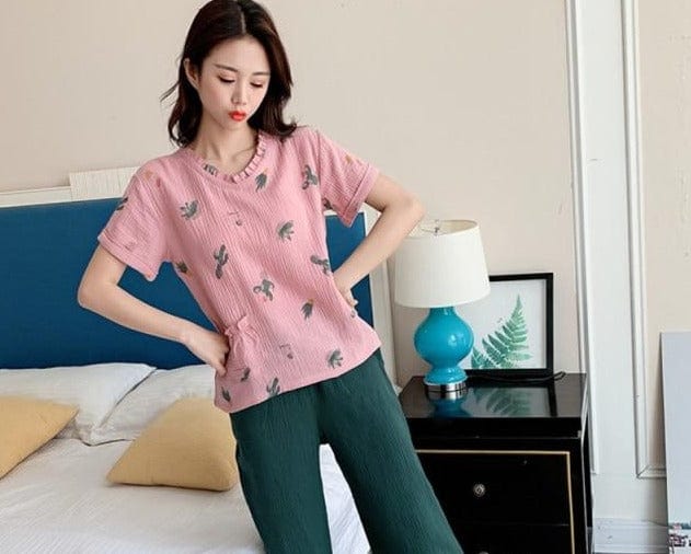 Women's Sleepwear Cotton Yarn Pajama Sets Water-washed Sleeping Suits Female Long-Sleeve Crepe Yarn Home Clothe Lounge Wear Pink - east2cart.uk