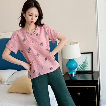 Women's Sleepwear Cotton Yarn Pajama Sets Water-washed Sleeping Suits Female Long-Sleeve Crepe Yarn Home Clothe Lounge Wear Pink - east2cart.uk