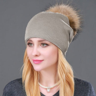 Knitted Fur Winter Beanie Hat