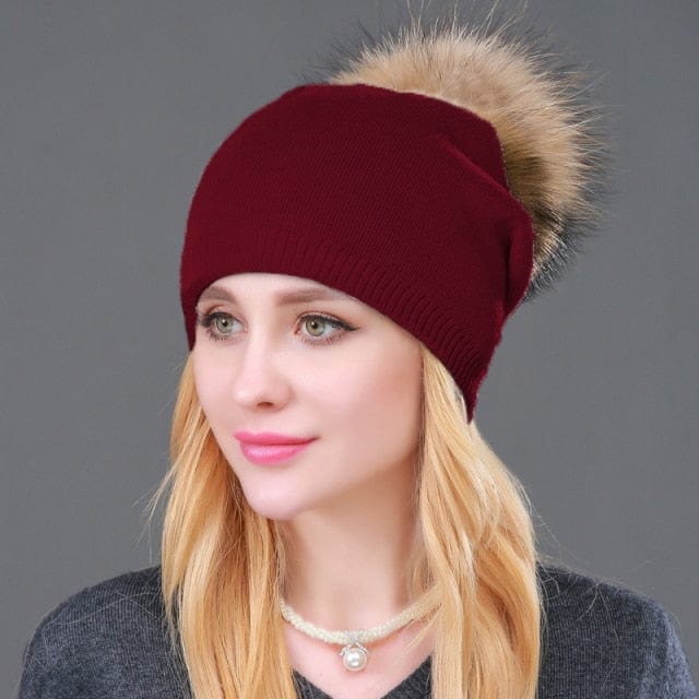 Knitted Fur Winter Beanie Hat