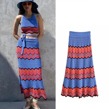 TRAF Crochet Skirt Za 2021 Women Chic Fashion Hollow out Striped Hem Skirt Striped Vintage High Waist Woman Skirts Mujer - east2cart.uk