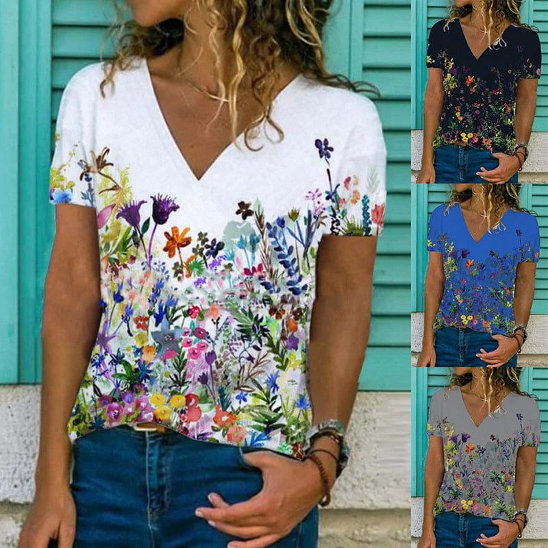 Women's Fashion Trend V-neck Short Sleeve Tops Casual Floral Print Pullover Summer Loose Large Size All-match Ladies T-shirt - east2cart.uk