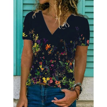 Women's Fashion Trend V-neck Short Sleeve Tops Casual Floral Print Pullover Summer Loose Large Size All-match Ladies T-shirt - east2cart.uk