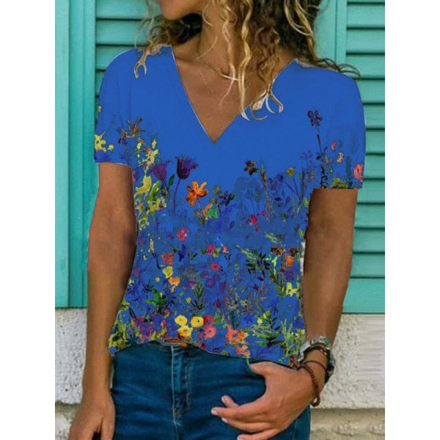 Women's Fashion Trend V-neck Short Sleeve Tops Casual Floral Print Pullover Summer Loose Large Size All-match Ladies T-shirt - east2cart.uk