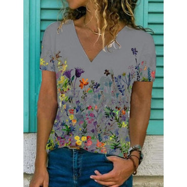 Women's Fashion Trend V-neck Short Sleeve Tops Casual Floral Print Pullover Summer Loose Large Size All-match Ladies T-shirt - east2cart.uk