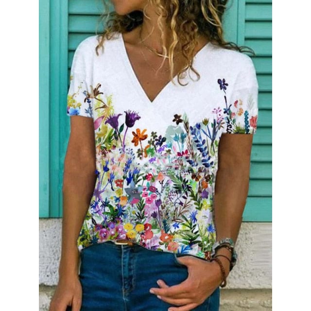 Women's Fashion Trend V-neck Short Sleeve Tops Casual Floral Print Pullover Summer Loose Large Size All-match Ladies T-shirt - east2cart.uk