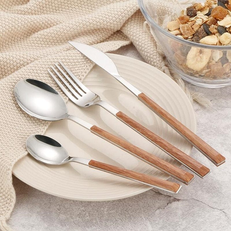 20/24Pcs Stainless Steel Glossy Silver Wooden Tableware Set - east2cart.uk