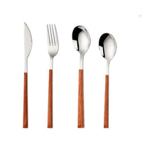 20/24Pcs Stainless Steel Glossy Silver Wooden Tableware Set - east2cart.uk