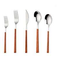 20/24Pcs Stainless Steel Glossy Silver Wooden Tableware Set - east2cart.uk