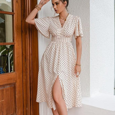 Simplee Chic polka dot botton a-line dress women Bell sleeve high waist maxi dress elegant Office lady dresses spring summer2021 - east2cart.uk