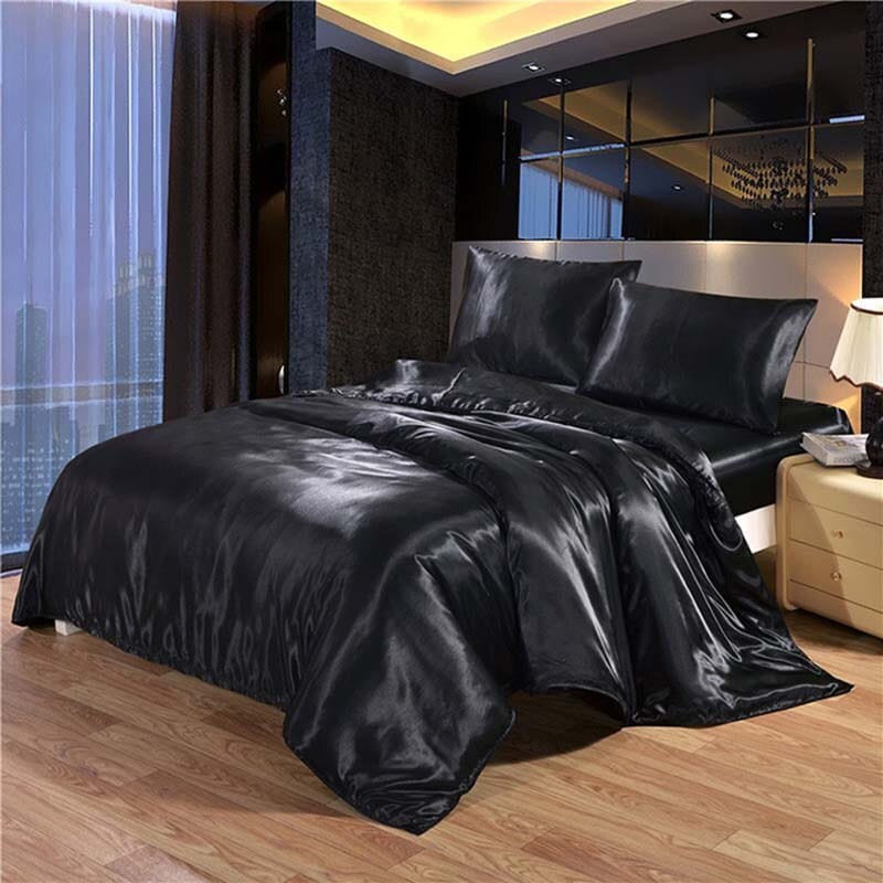 Luxury Black Satin Bedding Set King Double Size Summer Used Bedding Kit Quality Duvet Cover Sets with Zipper 4pcs - east2cart.uk