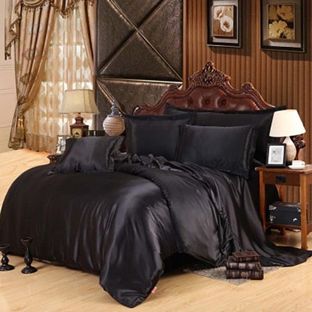 Luxury Black Satin Bedding Set King Double Size Summer Used Bedding Kit Quality Duvet Cover Sets with Zipper 4pcs - east2cart.uk