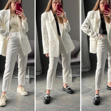 Toppies 2021 spring blazer + pant two peice set women double breasted suit jacket high waist pants - east2cart.uk