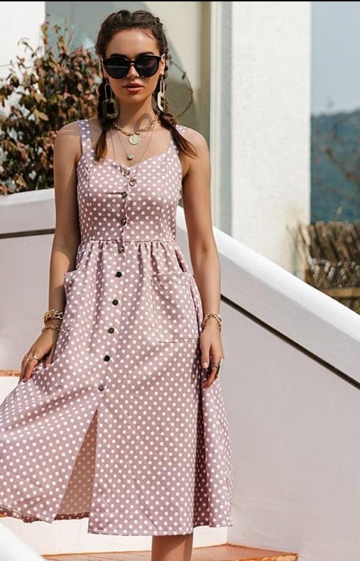 Simplee Casual Polka Dot Dress Sleeveless Holiday style high waist buttoned women's Dress Fashion Mid-length summer dresses NEW - east2cart.uk