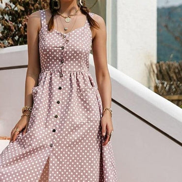 Simplee Casual Polka Dot Dress Sleeveless Holiday style high waist buttoned women's Dress Fashion Mid-length summer dresses NEW - east2cart.uk