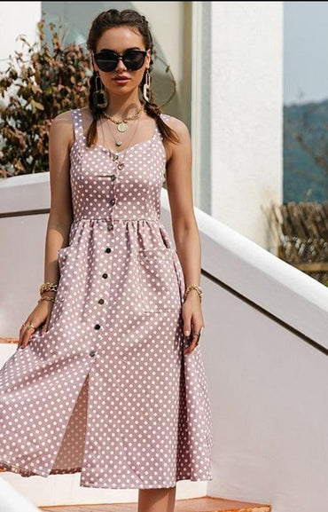 Simplee Casual Polka Dot Dress Sleeveless Holiday style high waist buttoned women's Dress Fashion Mid-length summer dresses NEW - east2cart.uk