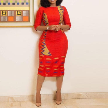 African Ladies High Waist V Neck Vintage Midi Dress - east2cart.uk