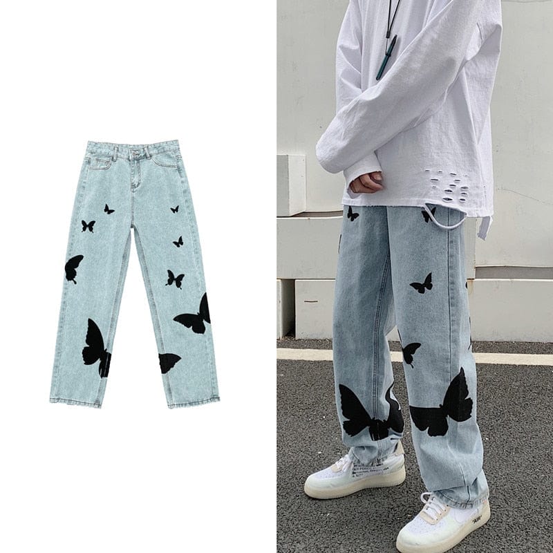 Butterfly Print Baggy Denim Jeans