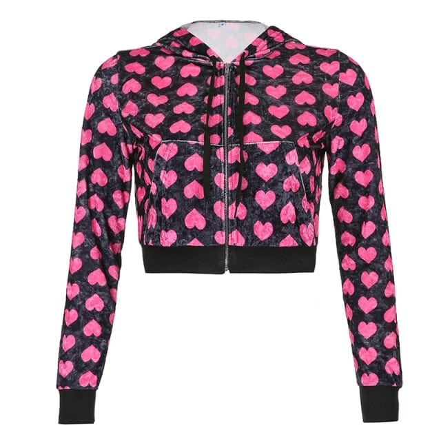 Sweetown Pink Velvet Cute Y2K Hoodies Women Heart Print Kawaii Jackets Zip Up Long Sleeve Cropped Sweatshirts Autumn Tops 2021 - east2cart.uk