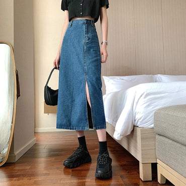 Traf 2021 Summer Women Korean Long Jeans Midi Loose Skirts Dark Light Blue Split High Waist Denim Vintage Female High Street - east2cart.uk