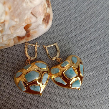 YYGEM Natural Blue Larimar Chips Pave Heart Shaped Yellow Gold color Dangle LeverBack Earrings - east2cart.uk