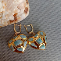 YYGEM Natural Blue Larimar Chips Pave Heart Shaped Yellow Gold color Dangle LeverBack Earrings - east2cart.uk