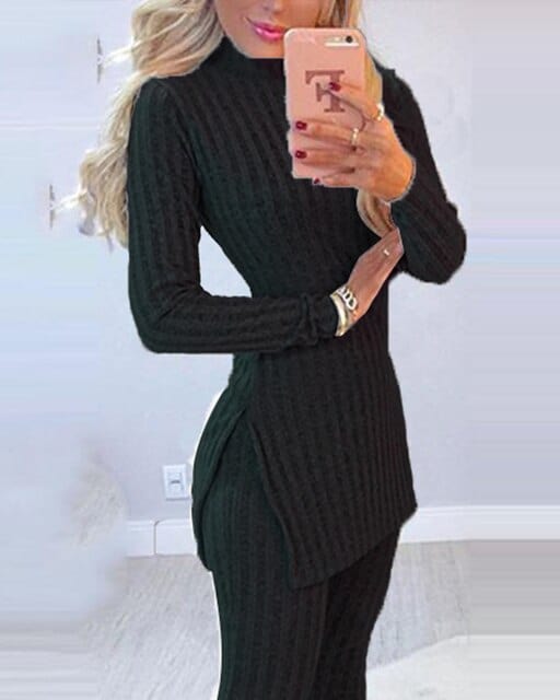 Long Sleeve Ribbed Sweater And Trouser Set