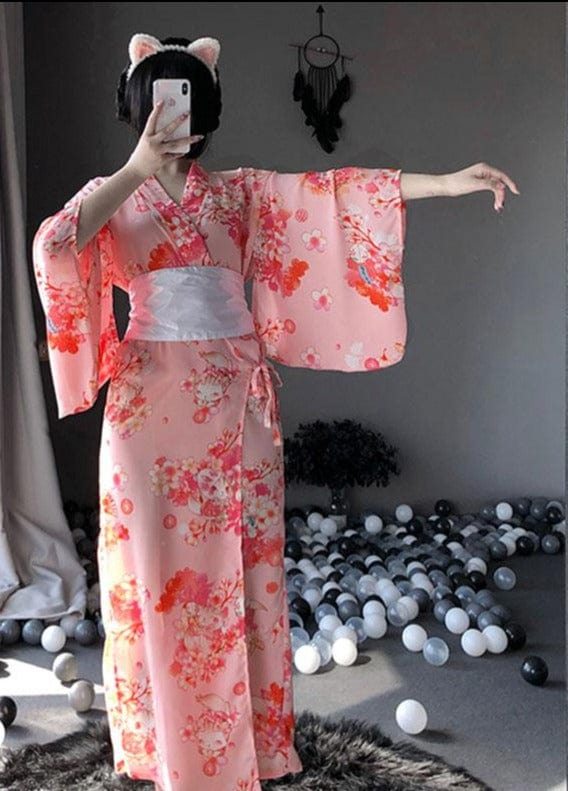 Japanese Pink Kimono With White Bow-Knot Waistband