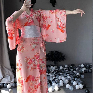 Japanese Pink Kimono With White Bow-Knot Waistband