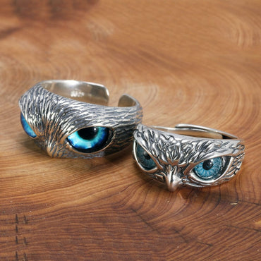 Real 925 Sterling Silver Demon Eye Owl Ring For Women Girl Lovers Retro Animal Open Adjustable Ring Statement Ring Jewelry Gift - east2cart.uk