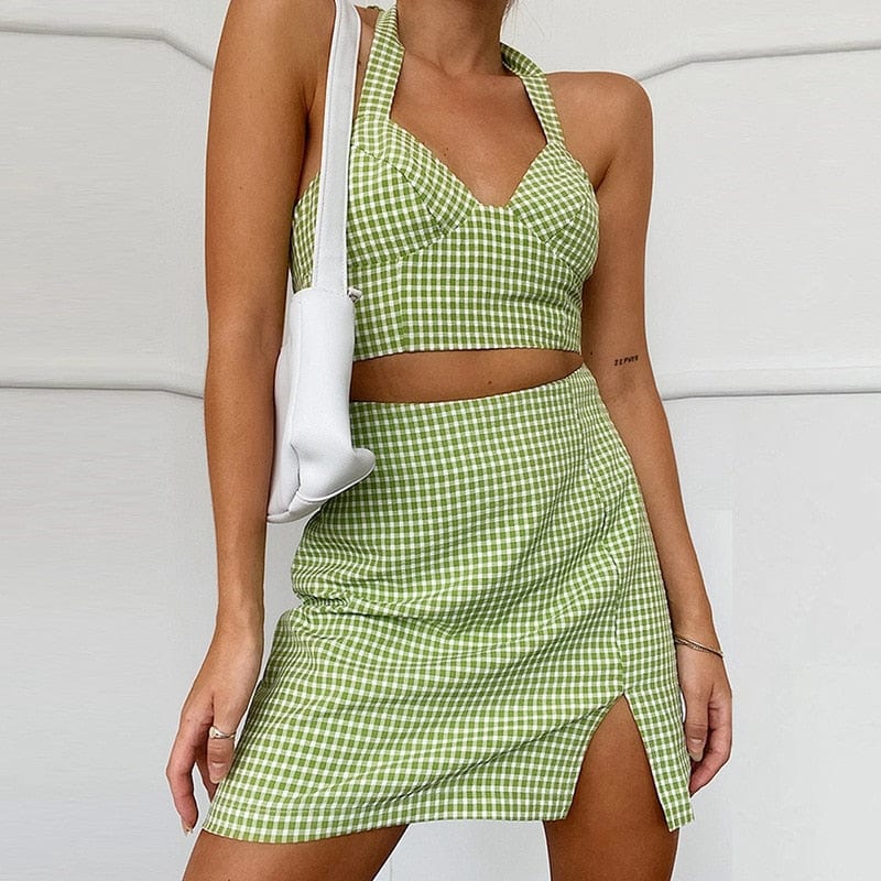 Two Piece Bodycon Plaid Skirt Dress Set - east2cart.uk