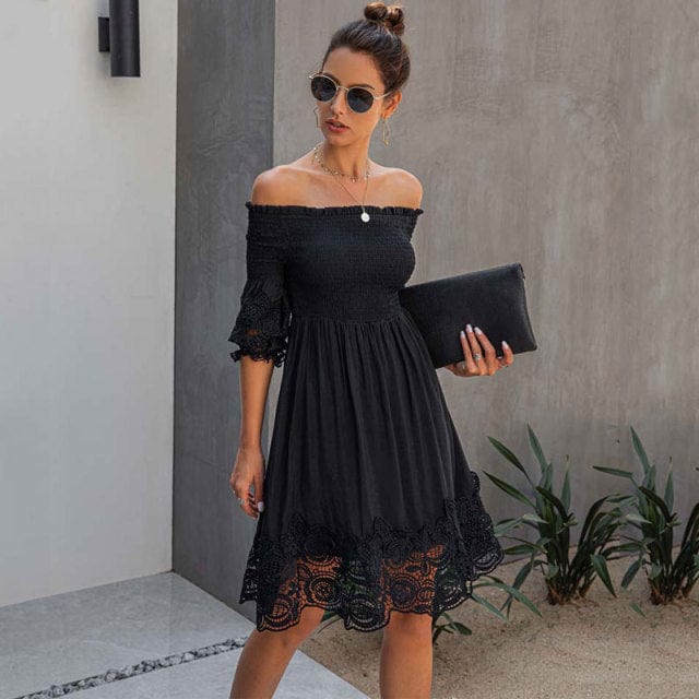 Elegant Ruched Black Lace Midi Dress - east2cart.uk