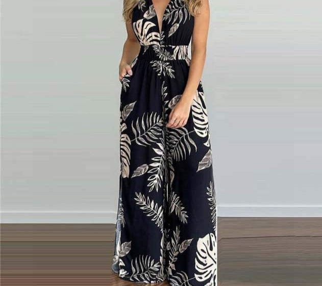 S-3XL Women Sexy V-neck Print Spaghetti Strap Jumpsuits Summer Casual Loose Open Back Sleeveless Floor-length Jumpsuit - east2cart.uk