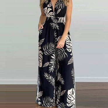 S-3XL Women Sexy V-neck Print Spaghetti Strap Jumpsuits Summer Casual Loose Open Back Sleeveless Floor-length Jumpsuit - east2cart.uk