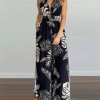 S-3XL Women Sexy V-neck Print Spaghetti Strap Jumpsuits Summer Casual Loose Open Back Sleeveless Floor-length Jumpsuit - east2cart.uk