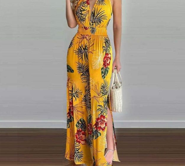 S-3XL Women Sexy V-neck Print Spaghetti Strap Jumpsuits Summer Casual Loose Open Back Sleeveless Floor-length Jumpsuit - east2cart.uk