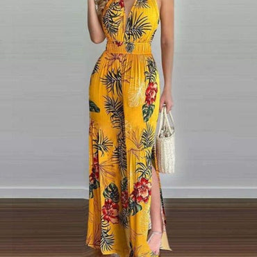 S-3XL Women Sexy V-neck Print Spaghetti Strap Jumpsuits Summer Casual Loose Open Back Sleeveless Floor-length Jumpsuit - east2cart.uk