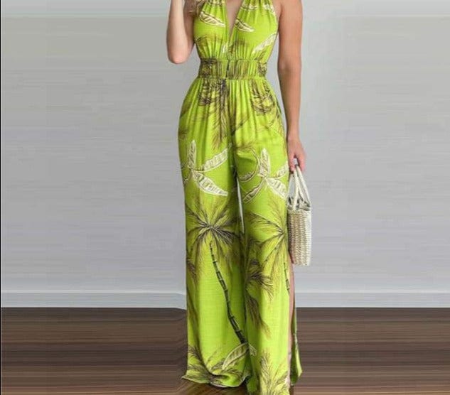 S-3XL Women Sexy V-neck Print Spaghetti Strap Jumpsuits Summer Casual Loose Open Back Sleeveless Floor-length Jumpsuit - east2cart.uk