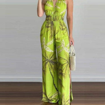 S-3XL Women Sexy V-neck Print Spaghetti Strap Jumpsuits Summer Casual Loose Open Back Sleeveless Floor-length Jumpsuit - east2cart.uk