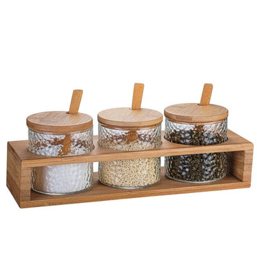 280ML Hammered Glass Storage Jar Set Bamboo Shelf - east2cart.uk