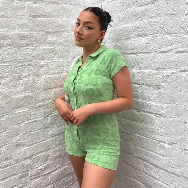 Y2K Summer Playsuit Women Short Sleeve Romper Sexy Bodycon Female Blue Jaded Casual London Green Bodysuit V Neck Fashion Rompers - east2cart.uk