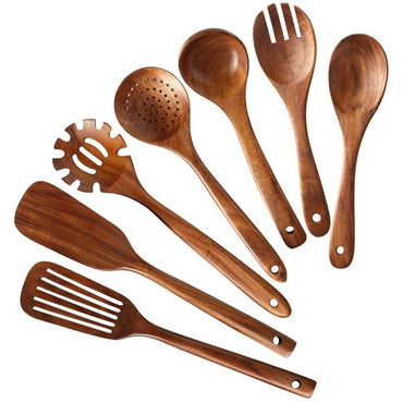 New Wooden Kitchen Utensils Set,Wooden Spoons for Cooking Natural Teak Wood Kitchen Spatula Set for Including 7 Pack - east2cart.uk