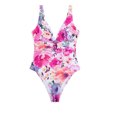 SEASELFIE Plunge Neck Pink Floral One-piece Swimsuit For Women Sexy Backless Monokini Swimwear 2021 Beach Bathing Suit Beachwear - east2cart.uk