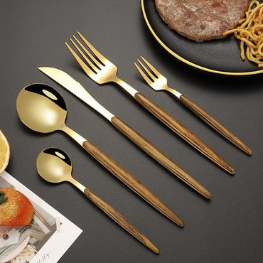 5Pcs/ Stainless Steel Cutlery With Wooden Handle - east2cart.uk