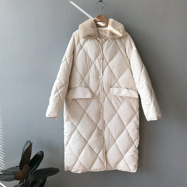 Argyle Fur Collar Long Winter Coat