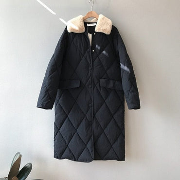 Argyle Fur Collar Long Winter Coat