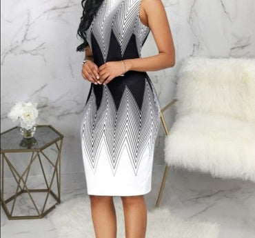 Sleeveless Gray Summer Dress For Women O Neck Print Slim Office Ladies Dress Vestidos Vintage Elegant Party Bodycon Dress Robe - east2cart.uk