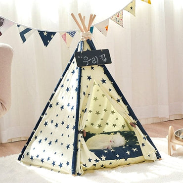 Portable Linen Pet Tent Dog House kitten House Washable Teepee Puppy Cat Indoor Outdoor Kennels Portable Teepee Cave with Mat - east2cart.uk